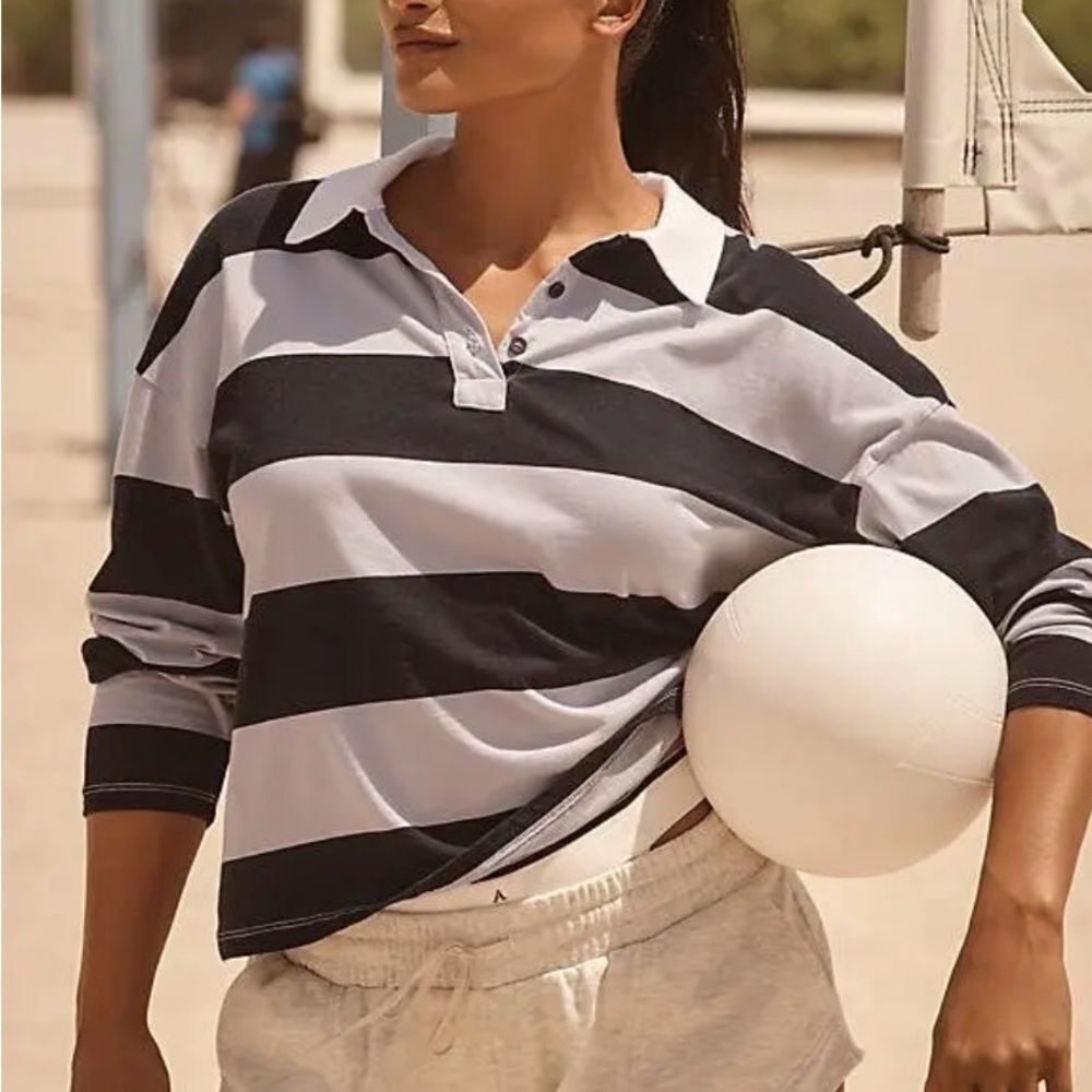 Sundry Anthropologie Long-Sleeve Cropped Striped Polo Rugby Shirt in Blue & gray
